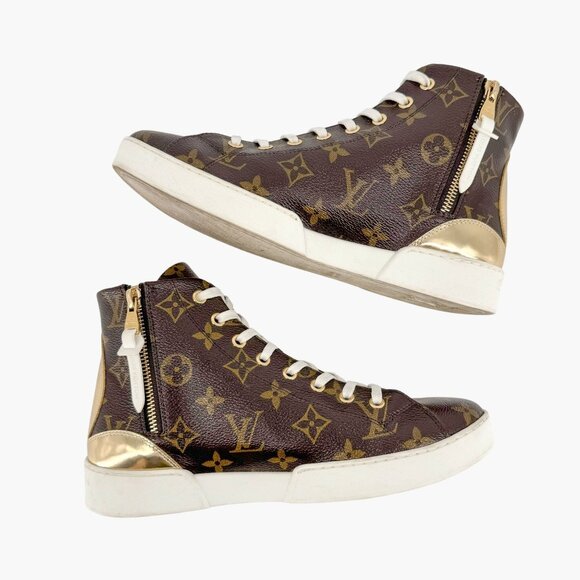 Louis Vuitton High Top Sneaker Boot EU 37 US 7 Brown LV Monogram Trainer Bootie - Picture 8 of 14